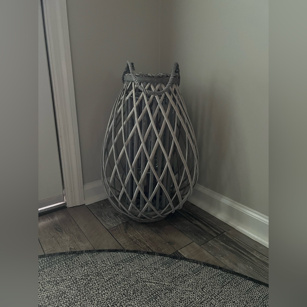 Modern Farmhouse Large Grey Woven Rattan Wicker Lantern Candleholder Basket